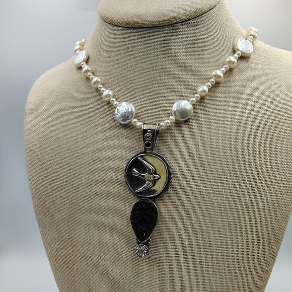 Mars And Valentine Sterling 925 Charcoal Druzy Sapphire Pearl Swallow Necklace - Picture 5 of 16